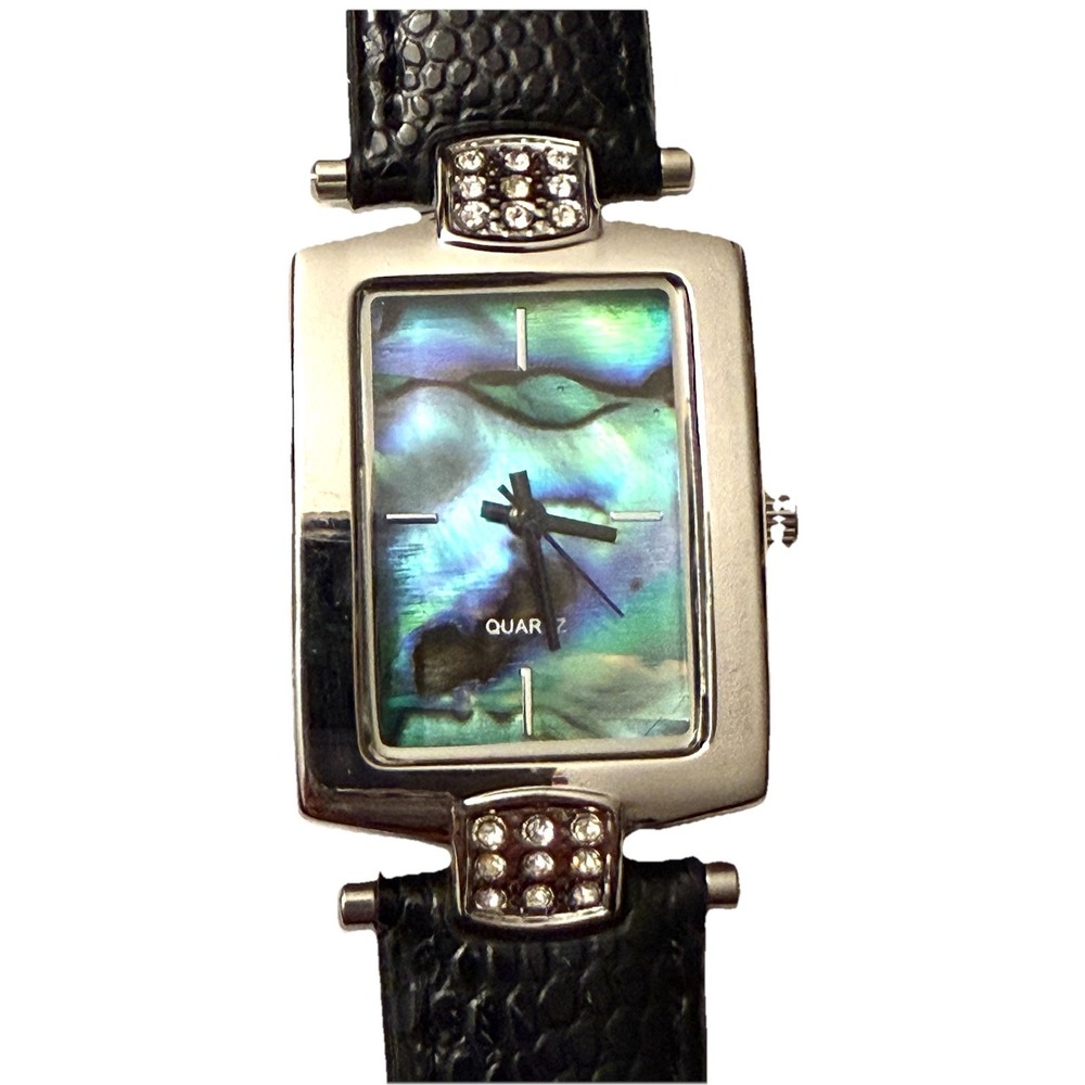 Beautiful MOONSTONE SHELL Watch Black Band Rhinestones Silver Toned NEW BATTERY!